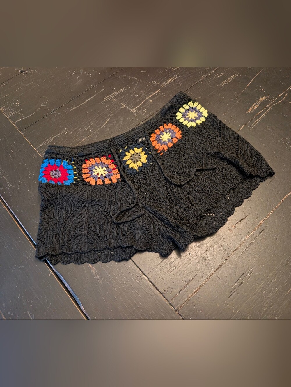 Crochet Black Shorts Colorful Flower Squares XL Cottage Throwback Grannycore